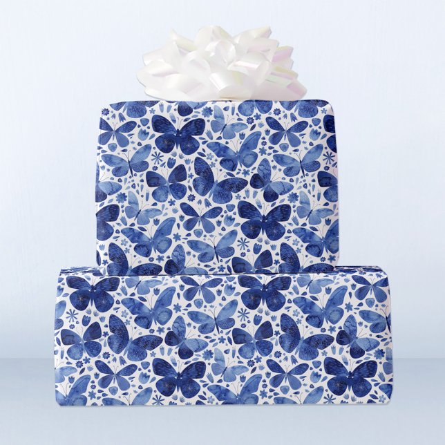 Butterflies Watercolor Blue Wrapping Paper (Pretty watercolor indigo blue and white butterfly pattern gift wrapping paper)