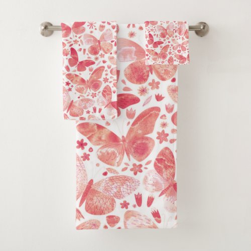 Butterflies Watercolor Coral Pink Bath Towel Set