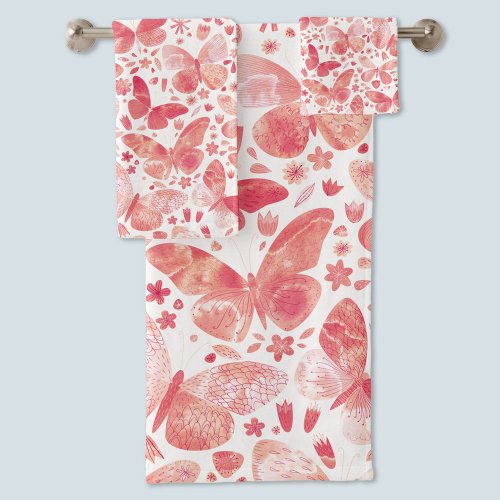 Butterflies Watercolor Coral Pink Bath Towel Set