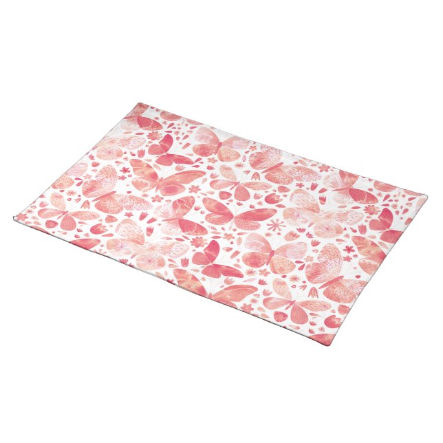 Butterflies Watercolor Coral Pink Cloth Placemat (On Table)
