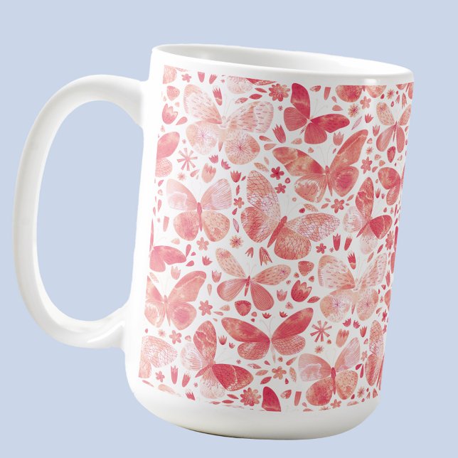 Butterflies Watercolor Coral Pink Coffee Mug (Coral peach pink watercolor butterfly pattern art mug)