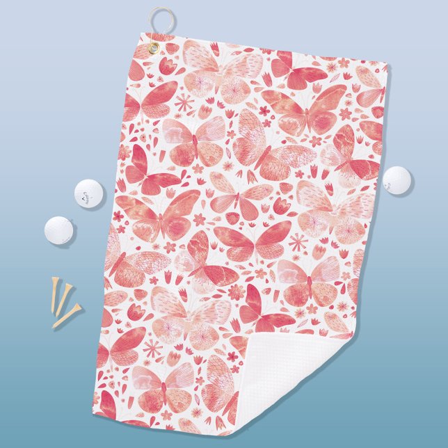 Butterflies Watercolor Coral Pink Golf Towel (Creator Uploaded)