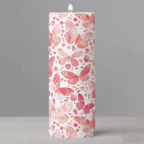 Butterflies Watercolor Coral Pink Pillar Candle
