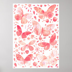 Butterflies Watercolor Coral Pink Poster