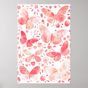 Butterflies Watercolor Coral Pink Poster