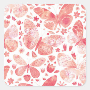 Butterflies Watercolor Coral Pink Square Sticker