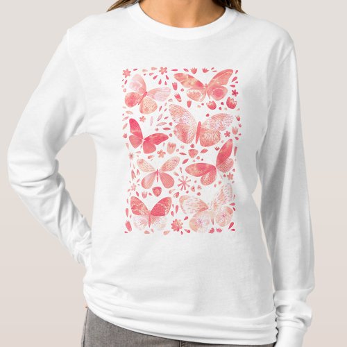 Butterflies Watercolor Coral Pink T_Shirt