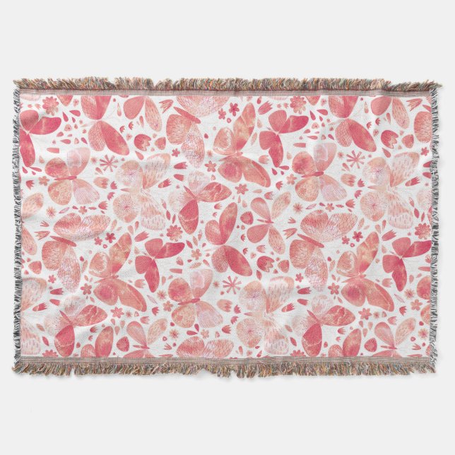 Butterflies Watercolor Coral Pink Throw Blanket (Front)
