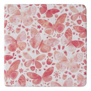 Butterflies Watercolor Coral Pink Trivet