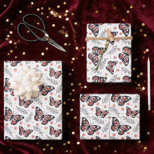 Butterflies Watercolor Coral Pink Wrapping Paper Sheets
