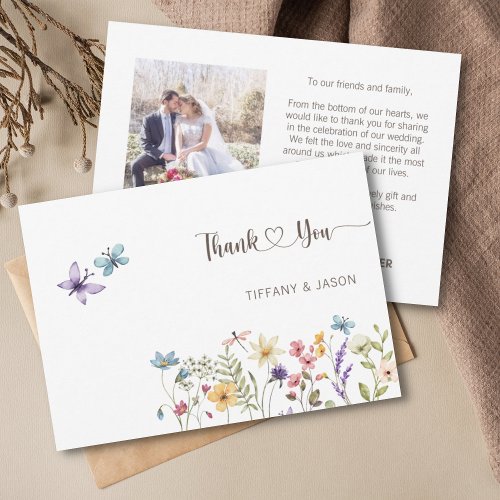 Butterflies Watercolor Floral 1 Photo Wedding  Thank You Card