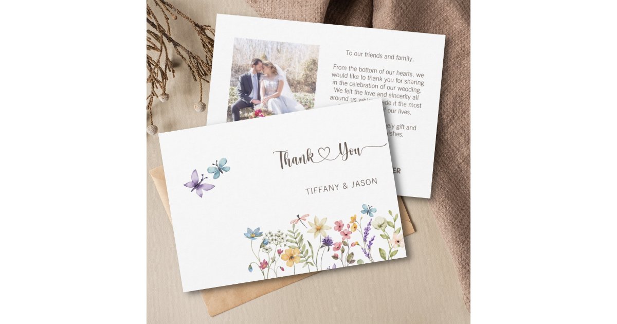 Butterflies Watercolor Floral 1 Photo Wedding Thank You Card | Zazzle