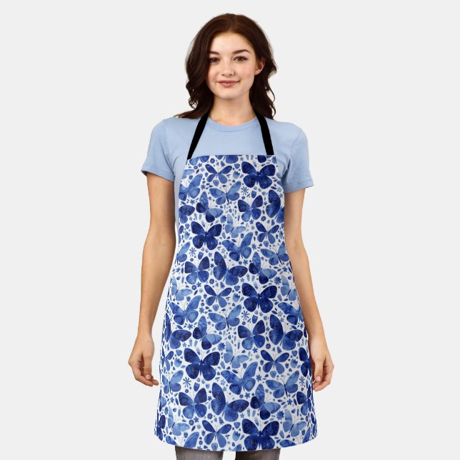 Butterflies Watercolor Indigo Blue Apron (Worn)