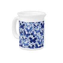 Butterflies Watercolor Indigo Blue Beverage Pitcher