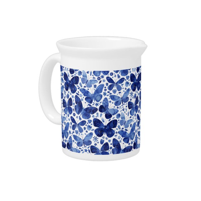 Butterflies Watercolor Indigo Blue Beverage Pitcher (Left)