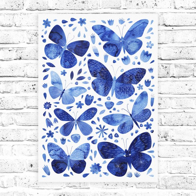 Butterflies Watercolor Indigo Blue Canvas Print (Blue watecolor butterfly canvas print)