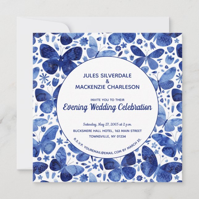 Butterflies Watercolor Indigo Blue Evening Wedding Invitation (Front)