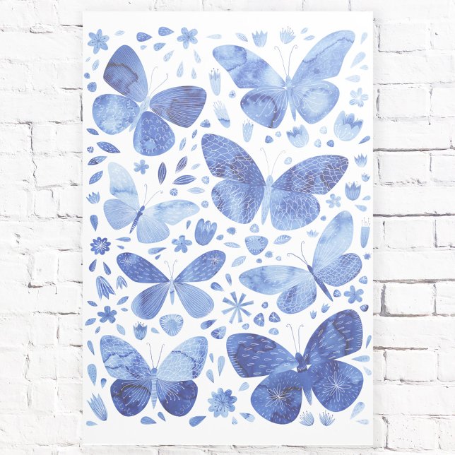 Butterflies Watercolor Indigo Blue Gallery Wrap (Blue butterfly watercolor gallery wrap art)