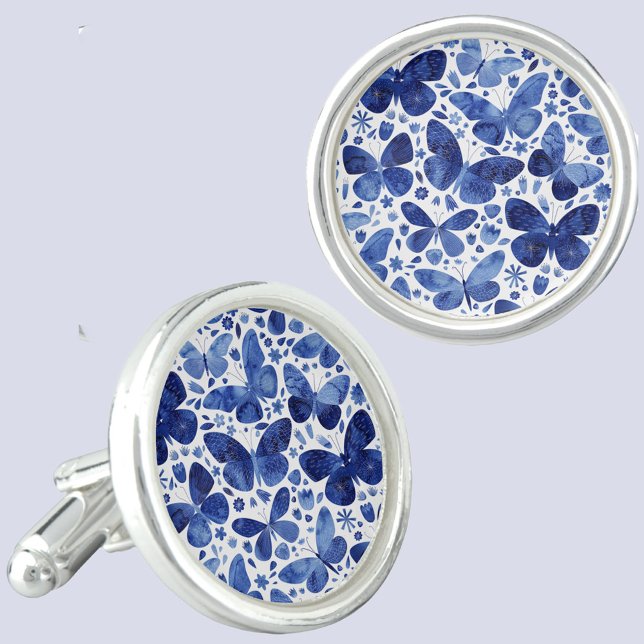 Butterflies Watercolor Indigo Blue Keepsake Cufflinks (Blue and white butterfly pattern cufflinks)