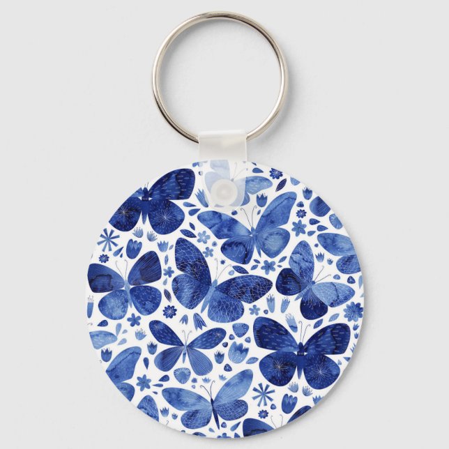 Butterflies Watercolor Indigo Blue Keepsake Keychain (Front)