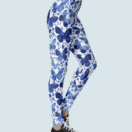 Butterflies Watercolor Indigo Blue Leggings