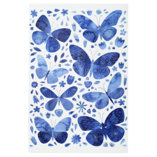 Butterflies Watercolor Indigo Blue Metal Print