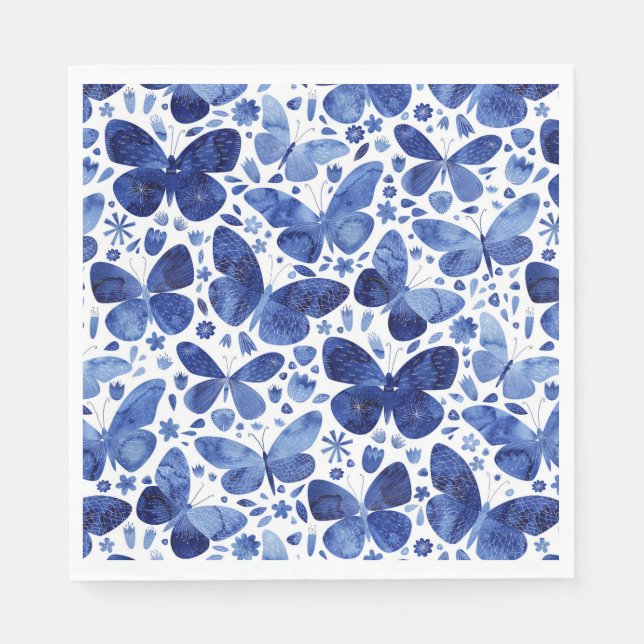 Butterflies Watercolor Indigo Blue Napkins (Front)