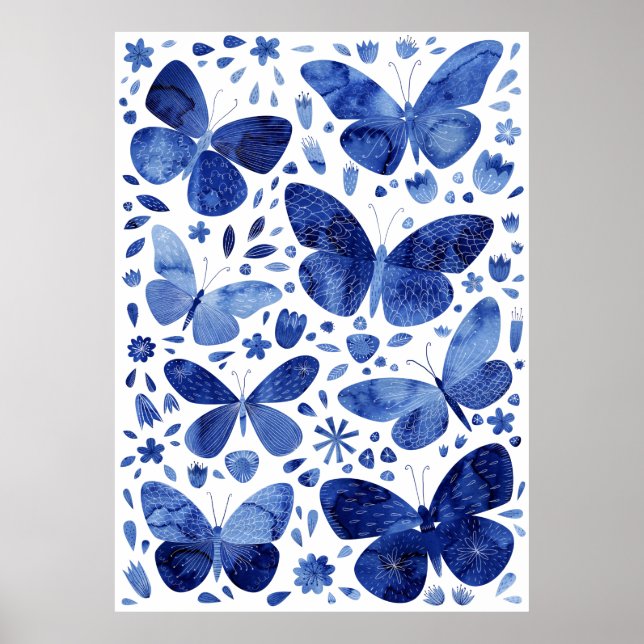 Butterflies Watercolor Indigo Blue Poster (Front)