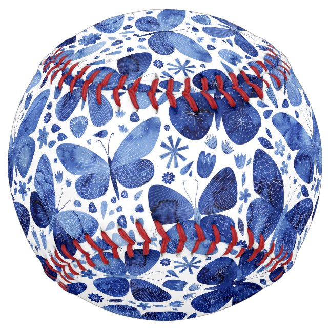 Butterflies Watercolor Indigo Blue Softball (Front)