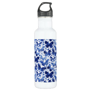 Butterflies Watercolor Indigo Blue Stainless Steel Water Bottle