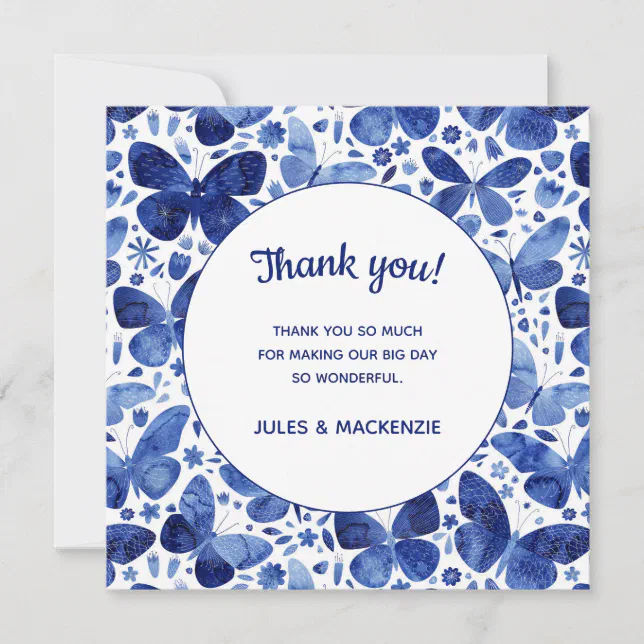Butterflies Watercolor Indigo Blue Wedding Thank You Card | Zazzle