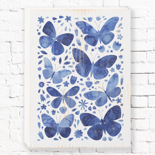 Butterflies Watercolor Indigo Blue Wooden Box Sign