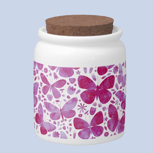 Butterflies Watercolor Magenta Pink Candy Jar (Magenta hot pink and white watercolor butterfly pattern candy jar)