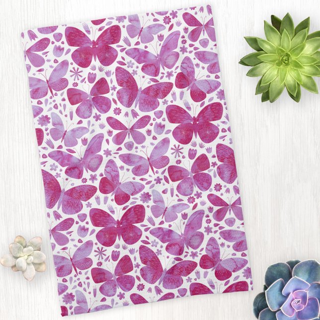 Butterflies Watercolor Magenta Pink Kitchen Towel (Magenta pink watercolor butterfly pattern kitchen tea towel)