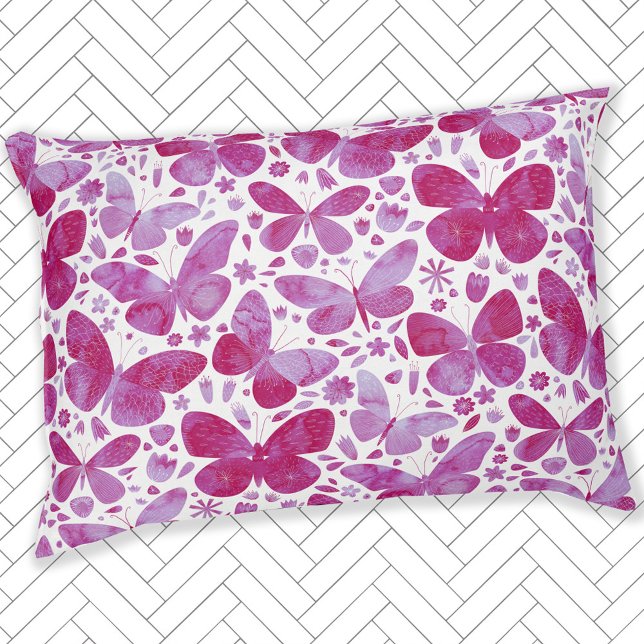 Butterflies Watercolor Magenta Pink Pet Bed (Magenta pink watercolor butterfly art pet bed)