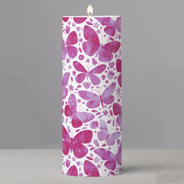 Butterflies Watercolor Magenta Pink Pillar Candle (Magenta pink watercolor butterfly pattern pillar candle)