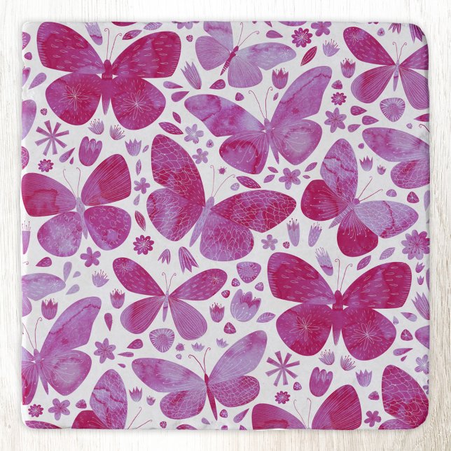Butterflies Watercolor Magenta Pink Trivet (Magenta hot pink and white watercolor butterfly pattern stone trivet)