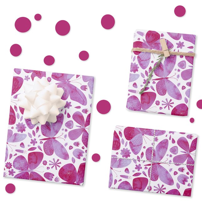Butterflies Watercolor Magenta Pink Wrapping Paper Sheets (Magenta pink watercolor butterfly pattern gift wrap paper sheets)