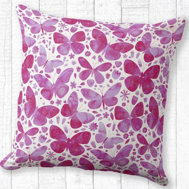 Butterflies Watercolor Pattern Pink Throw Pillow (Watercolor butterfly pattern magenta pink and white throw pillow)