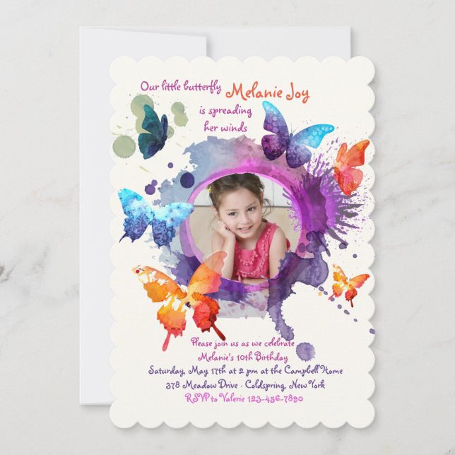 Butterflies Watercolor Photo Invitation (Front)