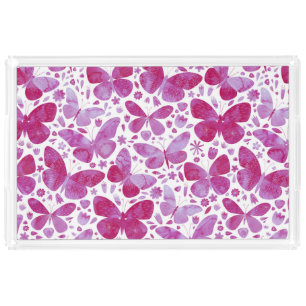 Butterflies Watercolor Pink Acrylic Tray