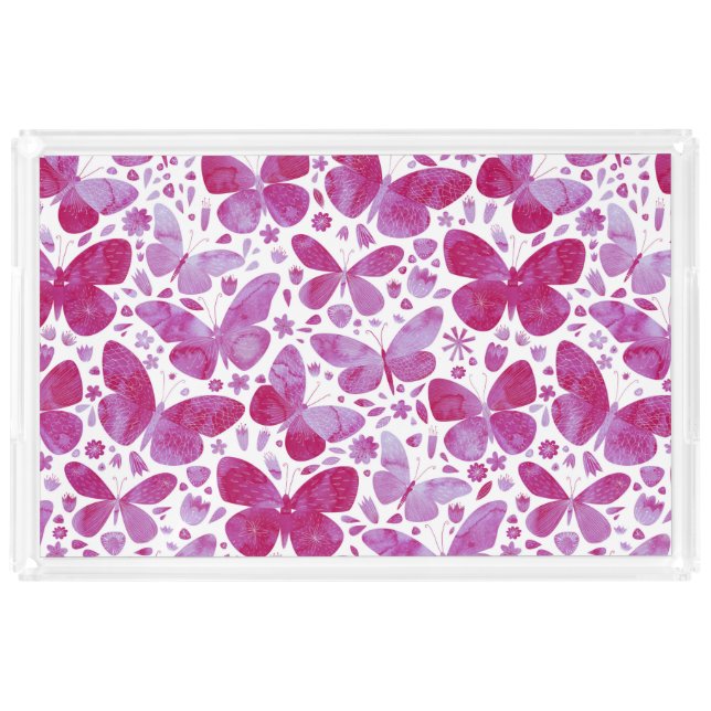 Butterflies Watercolor Pink Acrylic Tray (Front)