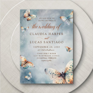 Butterflies Watercolor Teal Terracotta Wedding Inv Invitation