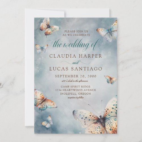 Butterflies Watercolor Teal Terracotta Wedding Invitation