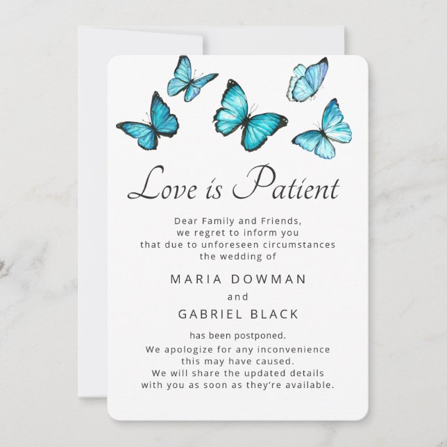 Butterflies Wedding Postponement Love is Patient Save The Date (Front)