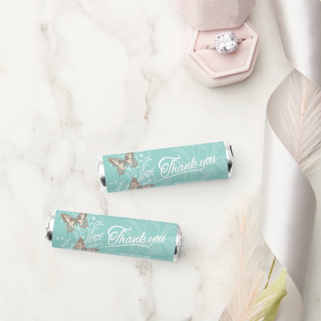 Butterflies wedding thank you aqua brown breath savers® mints (Wedding)