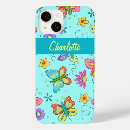 Butterflies Whimsy Turquoise Blue Name Personalize Case_Mate iPhone 14 Case