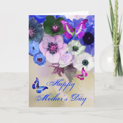 BUTTERFLIES WHITE BLUE  ROSES AND ANEMONE FLOWERS CARD