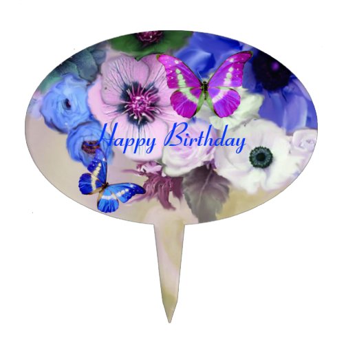 BUTTERFLIES WHITE BLUE  ROSES ANEMONE FLOWERS CAKE TOPPER