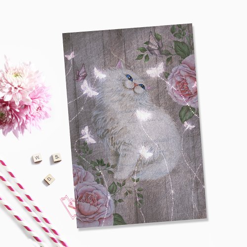 Butterflies White Kitty Cat Floral Decoupage Tissue Paper